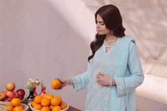 Sky Blue Sequinned Raw Silk Ladies Chiffon Pret