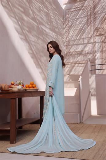Sky Blue Sequinned Raw Silk Ladies Chiffon Pret