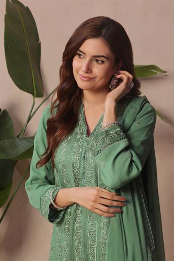Sage Green Sequinned Raw Silk Ladies Chiffon Pret