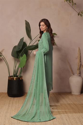 Sage Green Sequinned Raw Silk Ladies Chiffon Pret