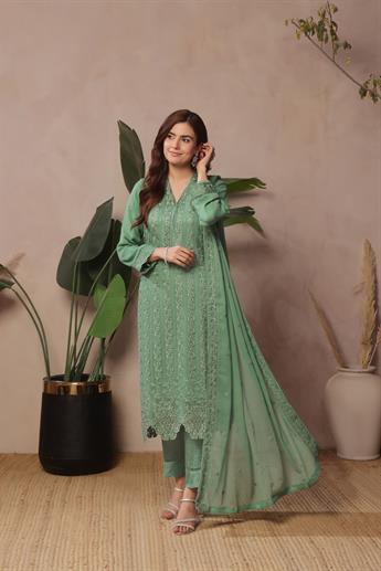 Sage Green Sequinned Raw Silk Ladies Chiffon Pret
