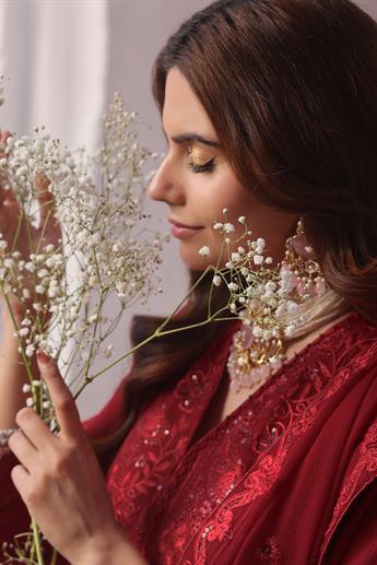 Maroon Sequinned Raw Silk Ladies Chiffon Pret