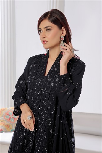 Black Raw Silk Ladies Chiffon Embroidered Long Dress