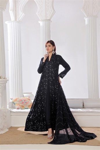 Black Raw Silk Ladies Chiffon Embroidered Long Dress