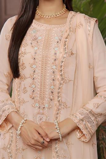 Peach Raw Silk Ladies Chiffon Embroidered Long Dress