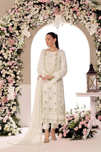 Off White Embroidered Raw Silk Ladies Chiffon Pret