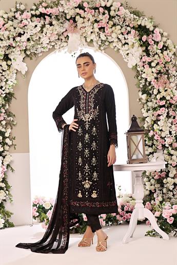 Black Embroidered Raw Silk Ladies Luxury Pret