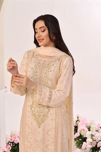 Peach Embroidered Raw Silk Ladies Luxury Pret