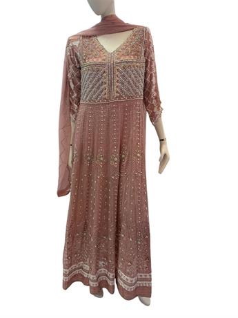 Pink Raw Silk Ladies Chiffon Heavy Embroidered Long Dress