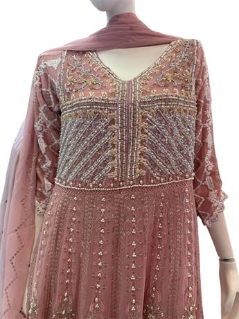Pink Raw Silk Ladies Chiffon Heavy Embroidered Long Dress