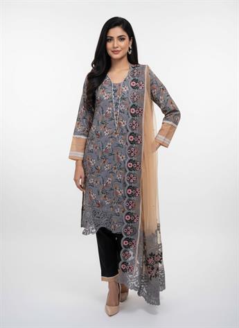Peach & Grey Embroidered Silk Ladies Cotton Suit