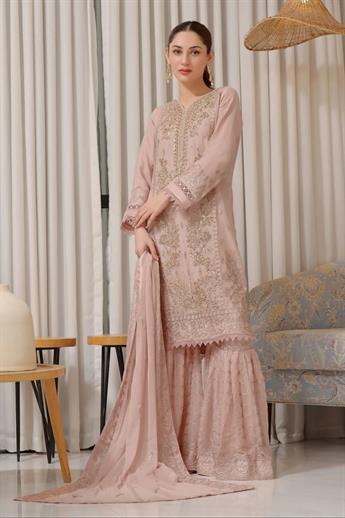 Tea Pink Embroidered Chiffon Gharara Ladies Luxury Pret