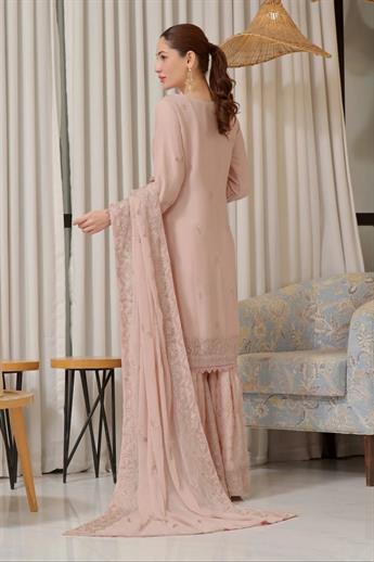 Tea Pink Embroidered Chiffon Gharara Ladies Luxury Pret