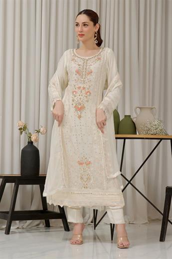 Ivory Embroidered Raw Silk Ladies Luxury Pret