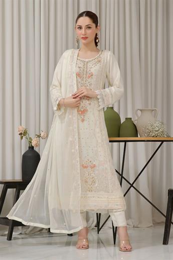Ivory Embroidered Raw Silk Ladies Luxury Pret