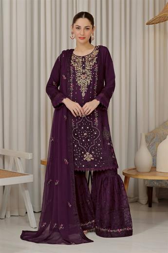 Purple Embroidered Chiffon Gharara Ladies Readymade