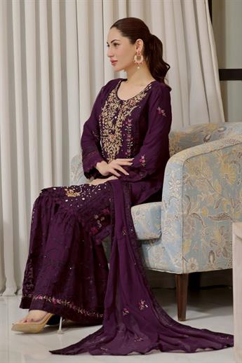 Purple Embroidered Chiffon Gharara Ladies Readymade