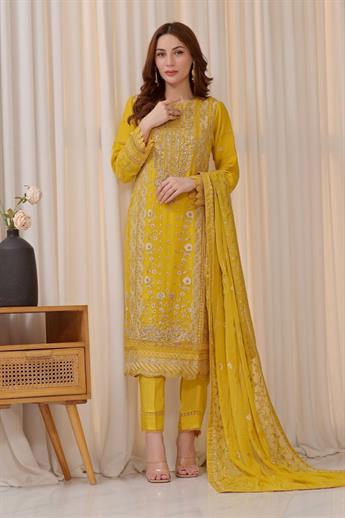 Yellow Embroidered Raw Silk Ladies Readymade