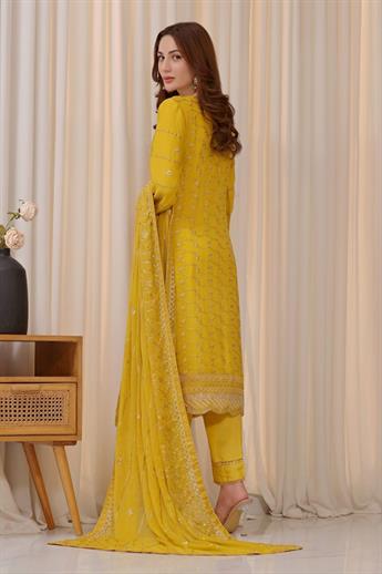 Yellow Embroidered Raw Silk Ladies Readymade