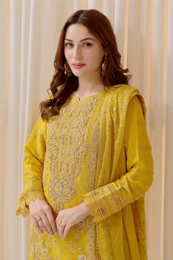 Yellow Embroidered Raw Silk Ladies Readymade