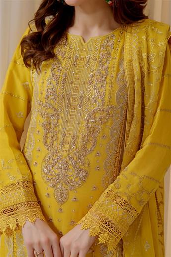 Yellow Embroidered Raw Silk Ladies Readymade