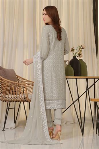 Grey Embroidered Raw Silk Ladies Readymade