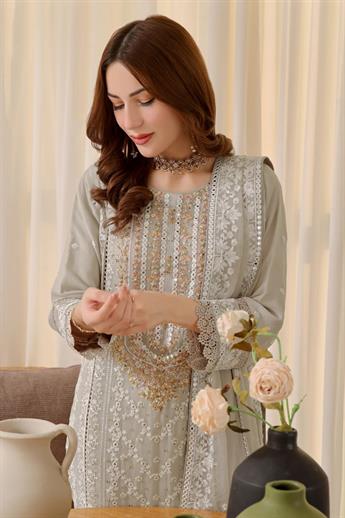 Grey Embroidered Raw Silk Ladies Readymade