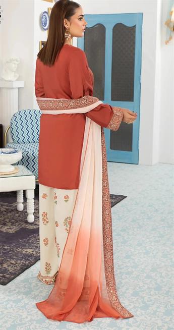 Coral & Cream Chiffon Ladies Embroidered Cotton Suit