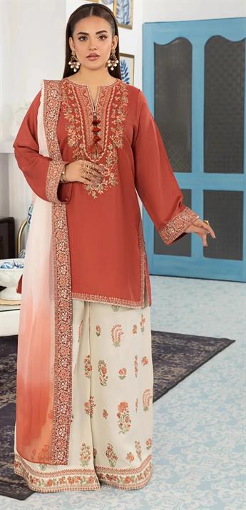 Coral & Cream Chiffon Ladies Embroidered Cotton Suit