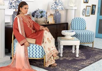 Coral & Cream Chiffon Ladies Embroidered Cotton Suit