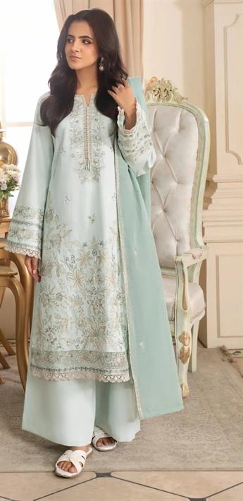 Light Blue Embroidered Organza Ladies Cotton Suit