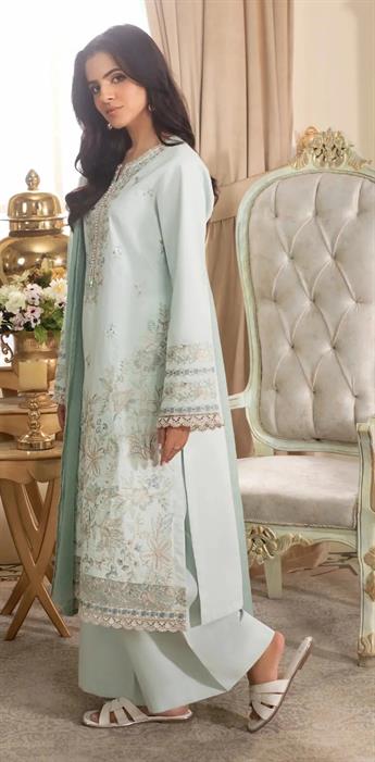 Light Blue Embroidered Organza Ladies Cotton Suit