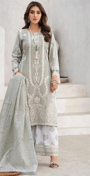 Grey & White Stone Work Organza Ladies Cotton Suit