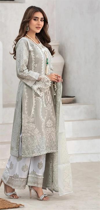 Grey & White Stone Work Organza Ladies Cotton Suit