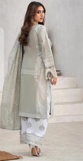 Grey & White Stone Work Organza Ladies Cotton Suit