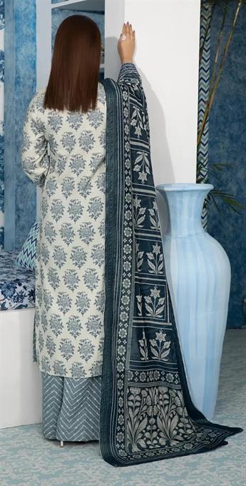 Cream & Blue Embroidered Silk Ladies Cotton Suit