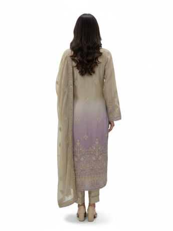 Beige & Lilac Sequinned Chiffon Ladies Silk Pret