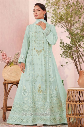 Sea Green Embroidered Raw Silk Ladies Readymade