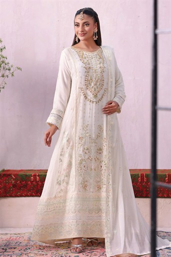 Off White Embroidered Raw Silk Ladies Readymade