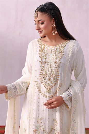 Off White Embroidered Raw Silk Ladies Readymade