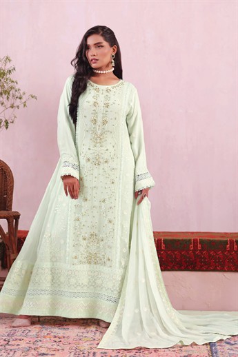 Light Mint Embroidered Raw Silk Ladies Readymade