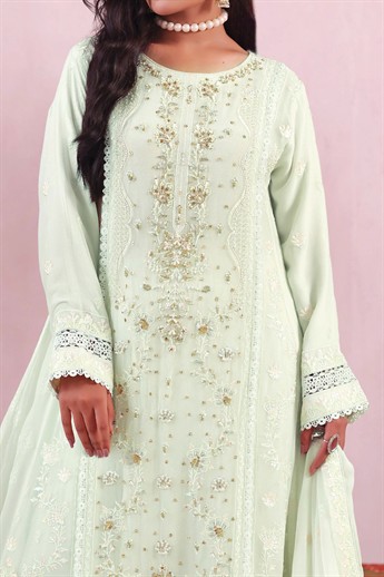 Light Mint Embroidered Raw Silk Ladies Readymade