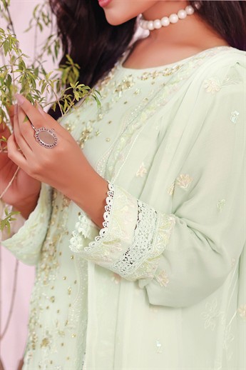 Light Mint Embroidered Raw Silk Ladies Readymade