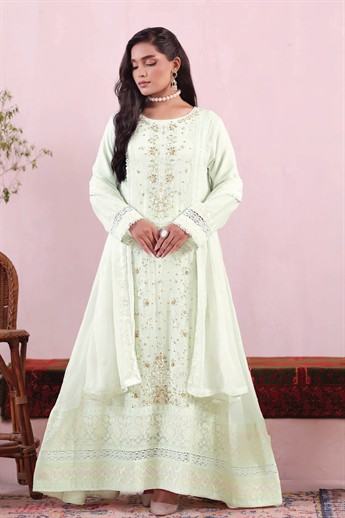 Light Mint Embroidered Raw Silk Ladies Readymade