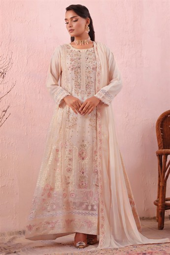 Light Peach Embroidered Raw Silk Ladies Readymade