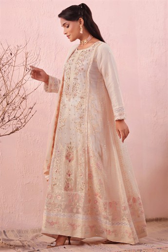 Light Peach Embroidered Raw Silk Ladies Readymade