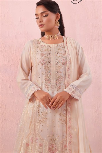 Light Peach Embroidered Raw Silk Ladies Readymade