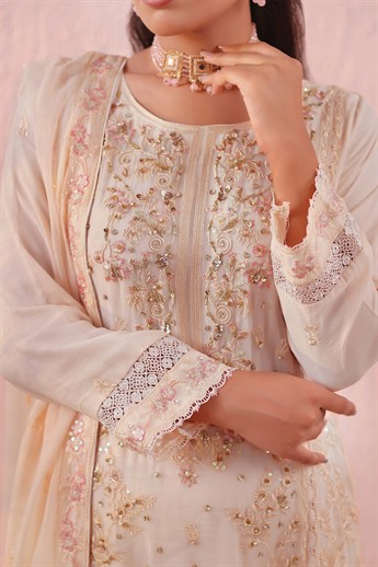 Light Peach Embroidered Raw Silk Ladies Readymade