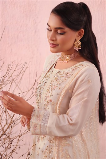 Light Peach Embroidered Raw Silk Ladies Readymade
