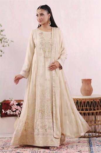 Beige Embroidered Raw Silk Ladies Readymade